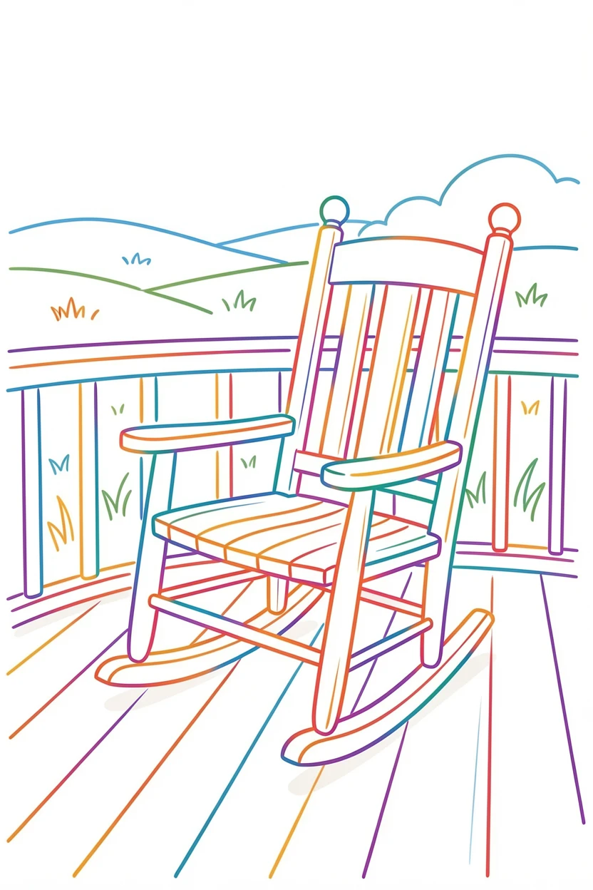 A single wooden rocking chair on a porch overlooking a quiet meadow.