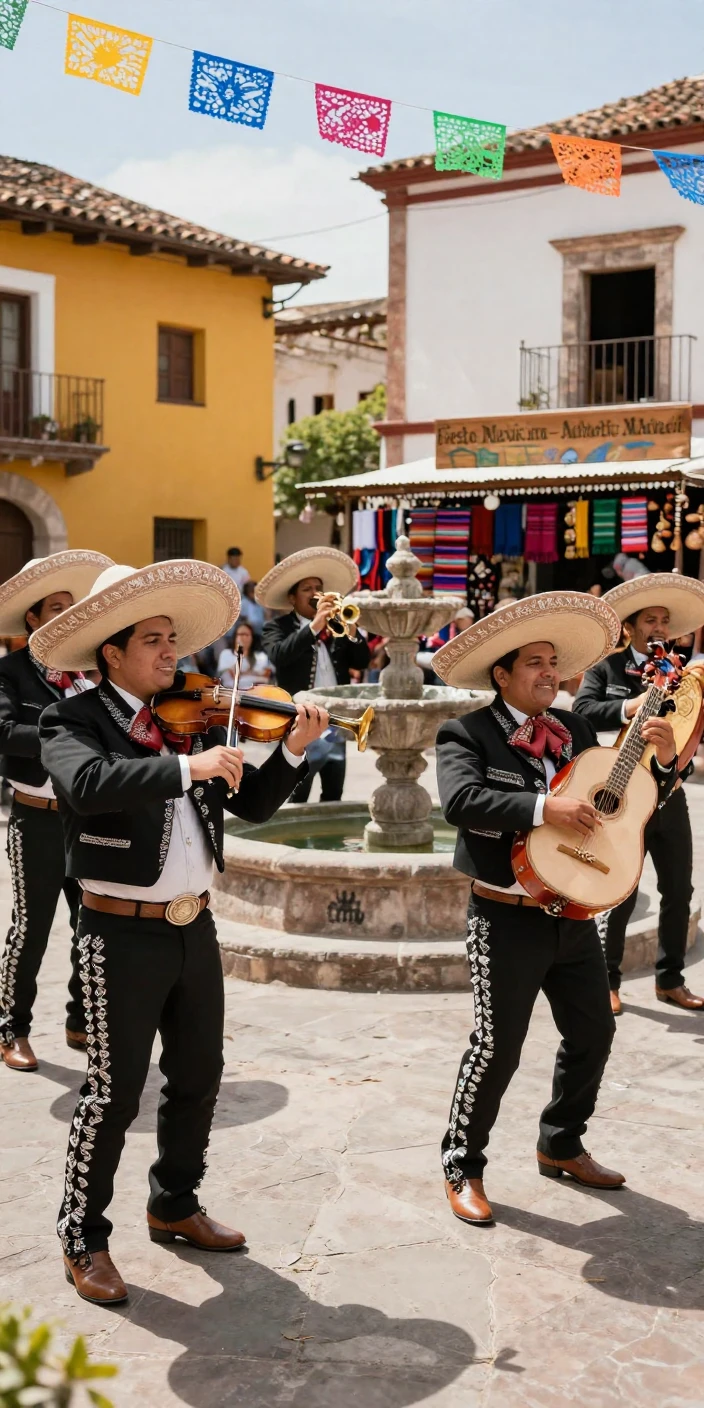 A Mexican mariachi band performing in a town square