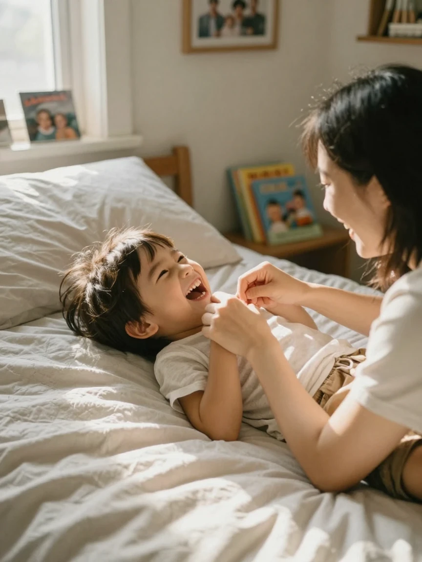 A child falls into a fit of giggles while being tickled by a parent on a bed.