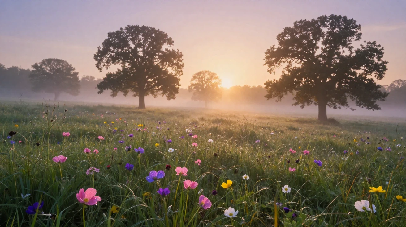 A quiet meadow scattered with wildflowers at the break of dawn