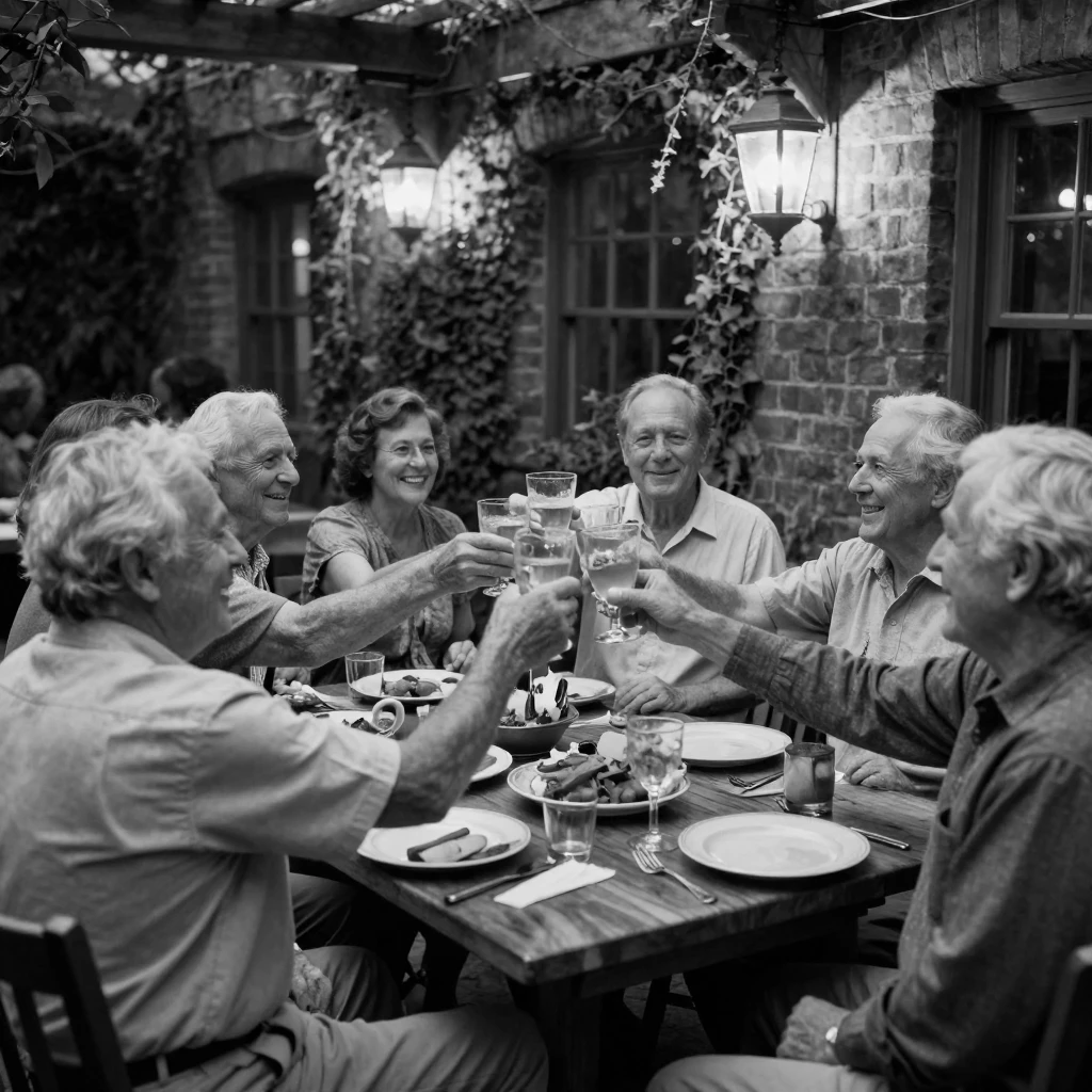 Old friends raise a toast at a class reunion on a lantern-lit patio.