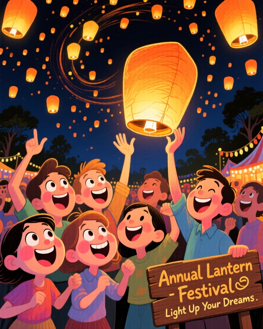A group celebrating a lantern festival, thousands of glowing lanterns filling the sky.