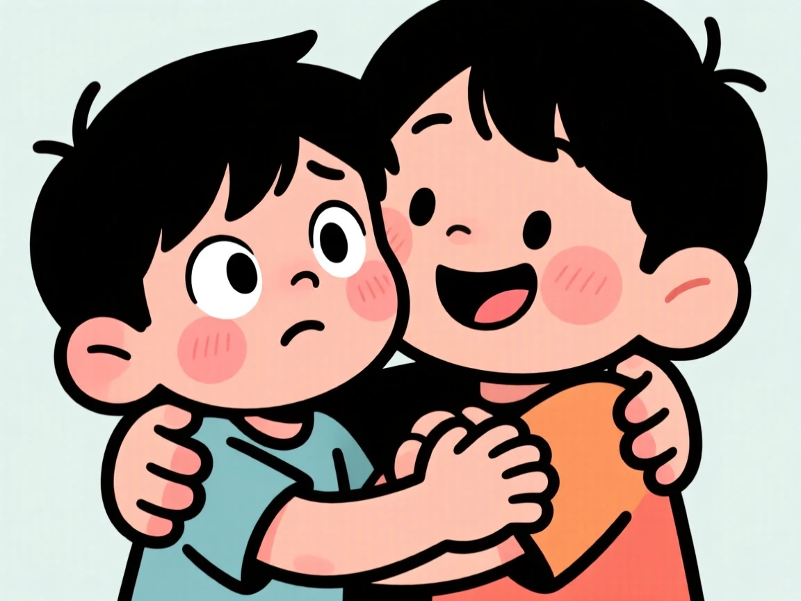 A heartwarming moment depicting a shy little boy sharing an unexpected, tender embrace, with hands clasped tightly together.