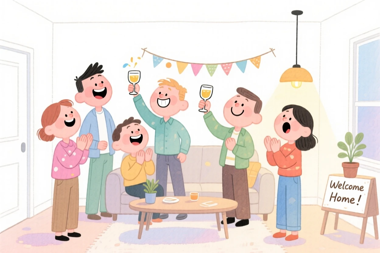 A joyful celebration scene of a housewarming party with friends toasting in a new home, sparkling with celebratory energy
