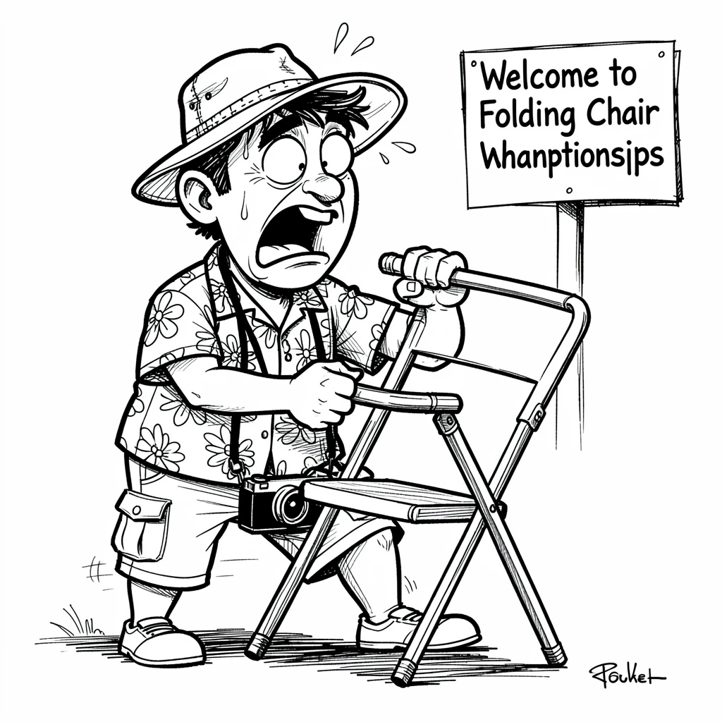 [Funny & Exaggerated Situations] Comical scene of a flustered tourist wrestling with an uncooperative folding chair, exaggerated for maximum laughs