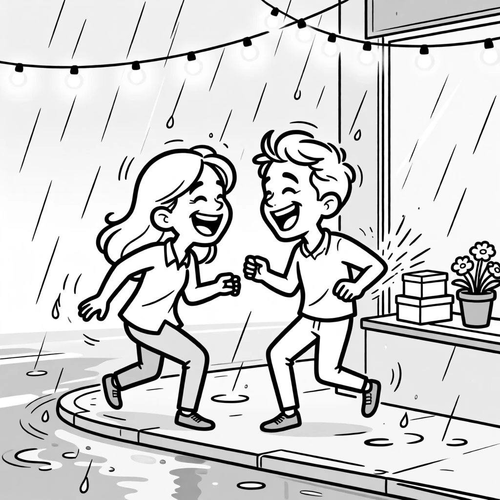 Two people laughing while getting soaked in a sudden downpour, grinning competitively while narrowly avoiding a display, set on a street corner during a sudden storm. String lights sway gently overhead. There's a tender sweetness beneath all the silliness.