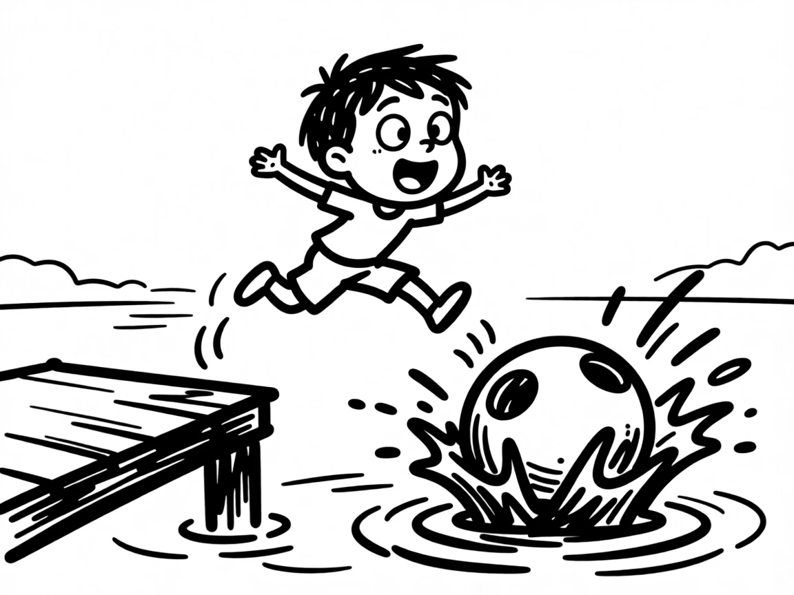 A child jumping off a dock into a lake, mid-air with a huge cannonball splash.