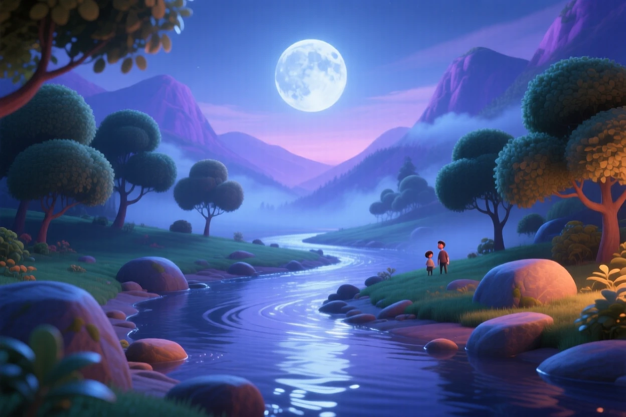 A winding river valley glows as the moon rises slowly above the horizon, with distant mountains fading into soft haze. A gentle reverence for nature's beauty lingers here.