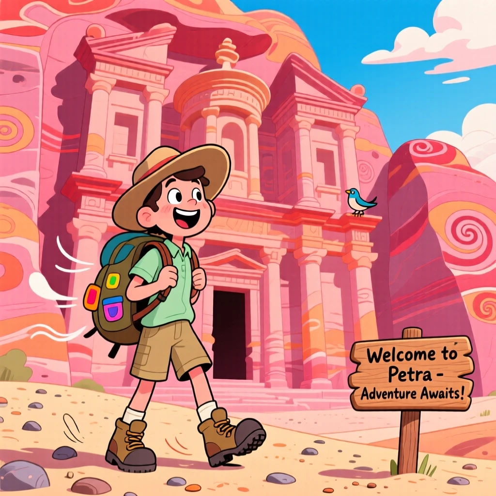A traveler standing before the rose-colored facade of Petra.