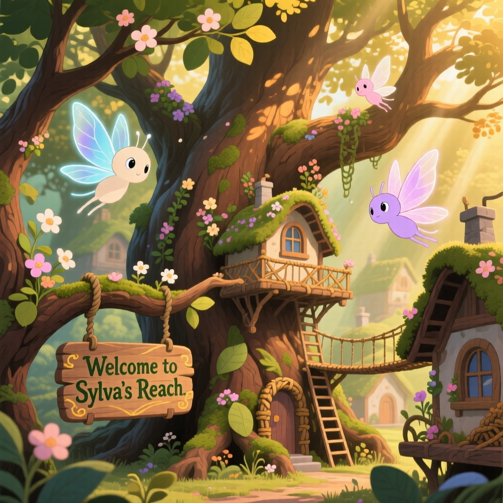 A village built inside the branches of an enormous tree, where tiny winged spirits darting between the flowers can be seen nearby, the atmosphere dreamlike and inviting.