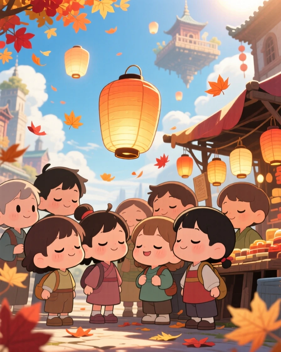 In a magical sky-city marketplace, townsfolk children are gathering at a floating lantern market with autumn leaves swirling around, bathed in bright midday sun, expression full of sleepy relaxation. Shot as an extreme close-up.