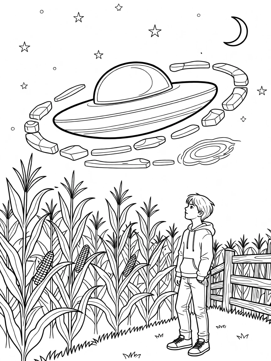 A UFO hovering above a quiet cornfield at night, with rings of ice and rock circling nearby.