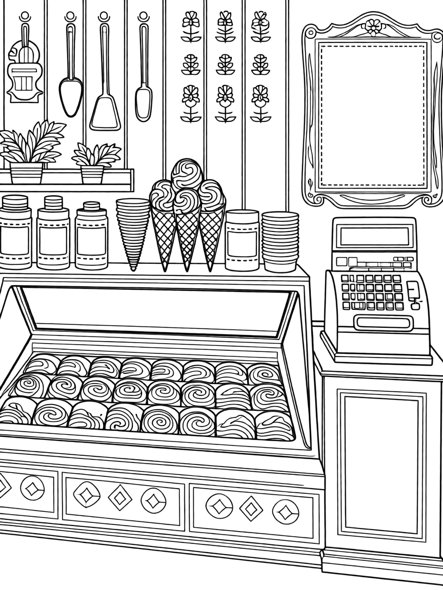 A gelato shop counter with swirled scoops in pastel colors.