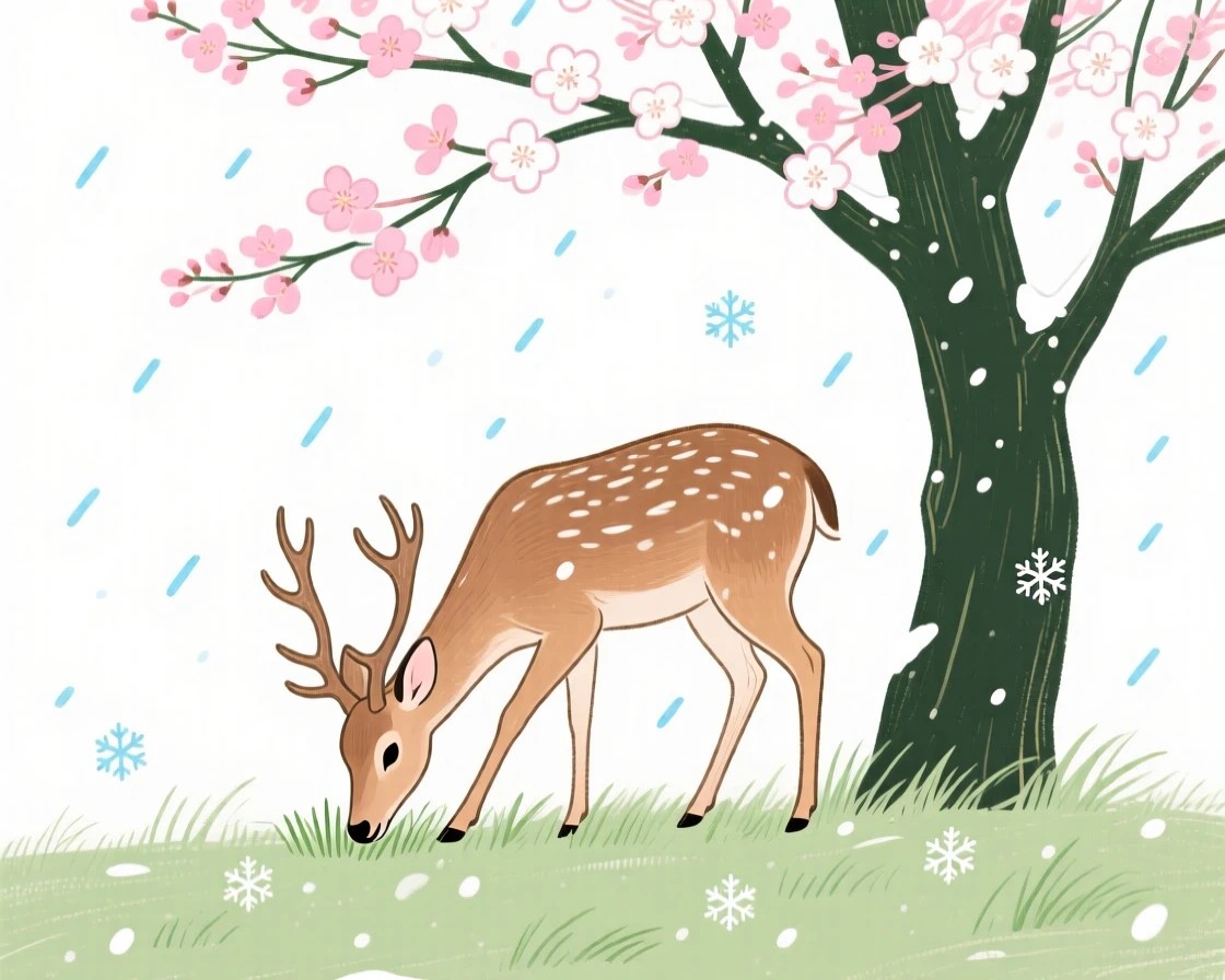 A gentle deer grazing under a blossoming tree during a light snowfall.