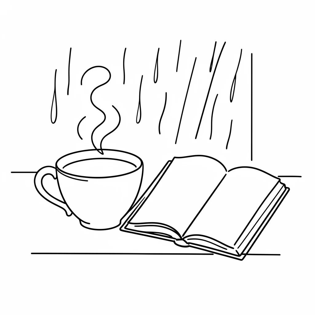 A steaming cup of coffee resting beside an open book on a rainy windowsill