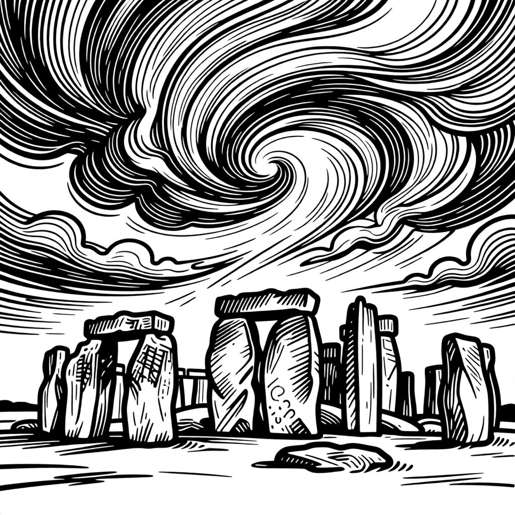 Stonehenge standing solitary against a dramatic stormy sky.