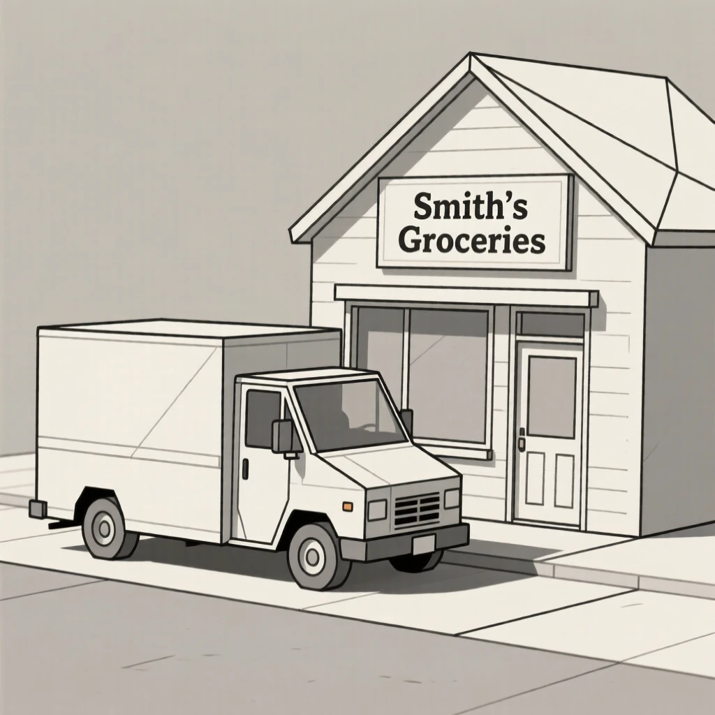 A delivery van parked outside a small town shop