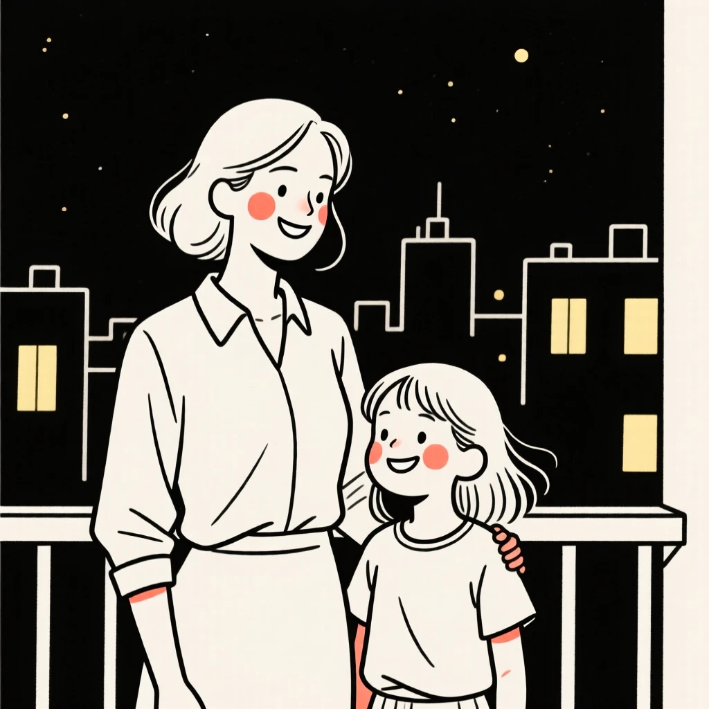 A mother and daughter of Italian heritage, grinning mischievously, on a city balcony at night.