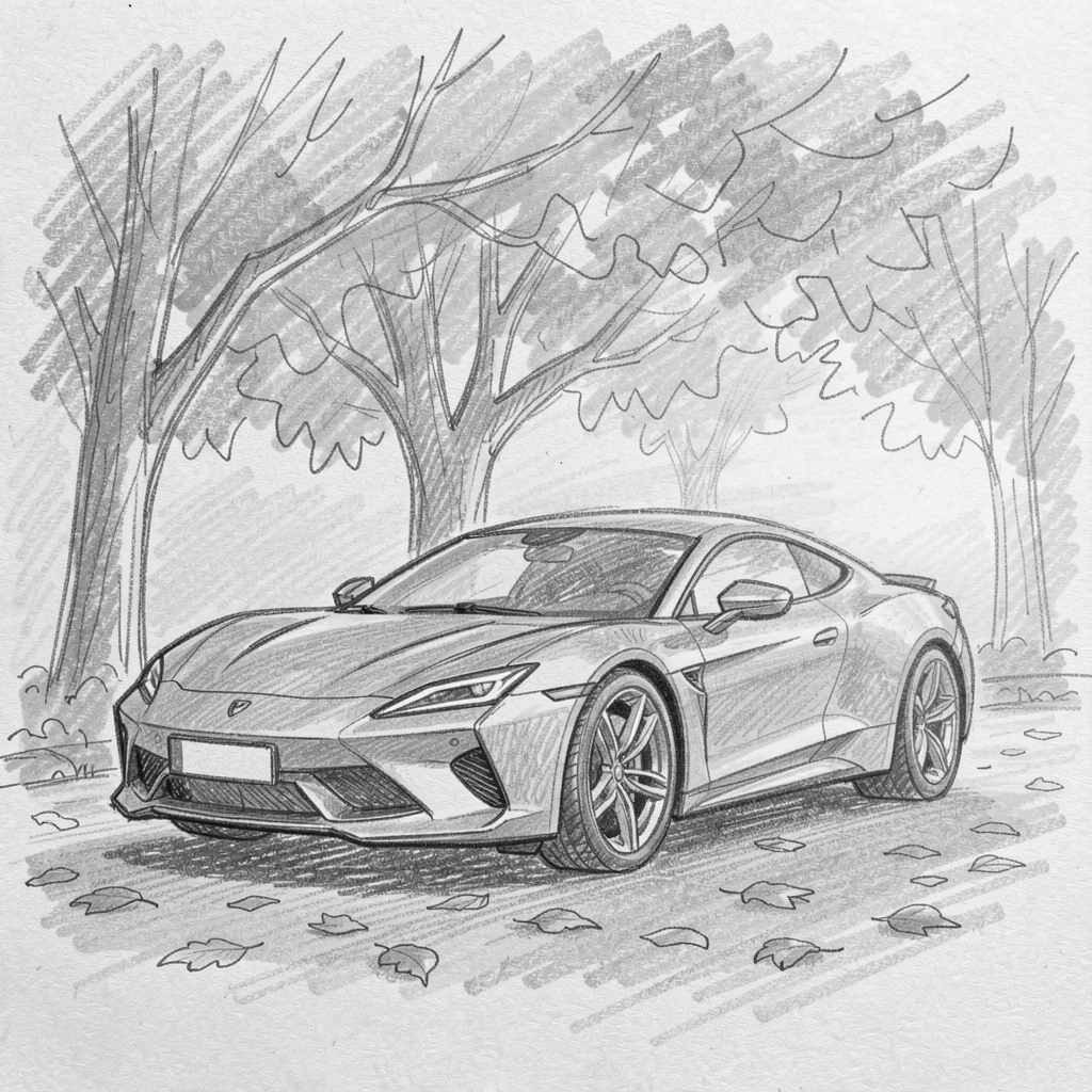 A sleek sports car parked at sunset, under a canopy of autumn trees, with golden sunset light reflecting off the chrome.
