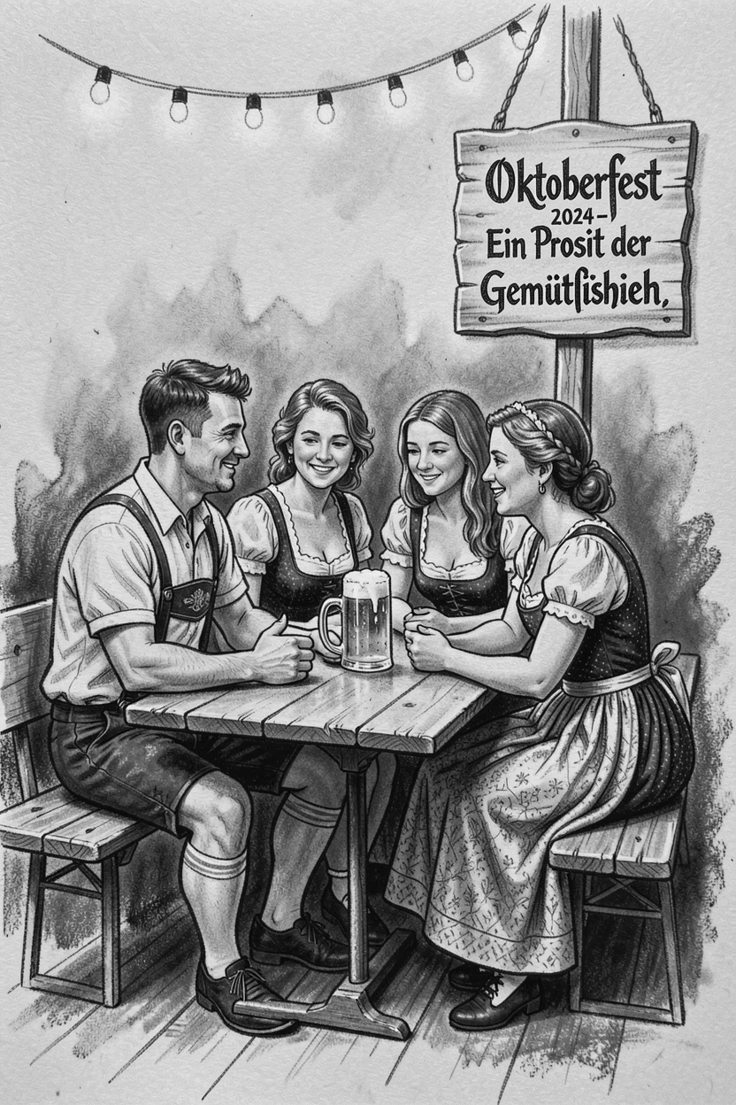 A traditional German Oktoberfest celebration, in a moment of quiet togetherness.