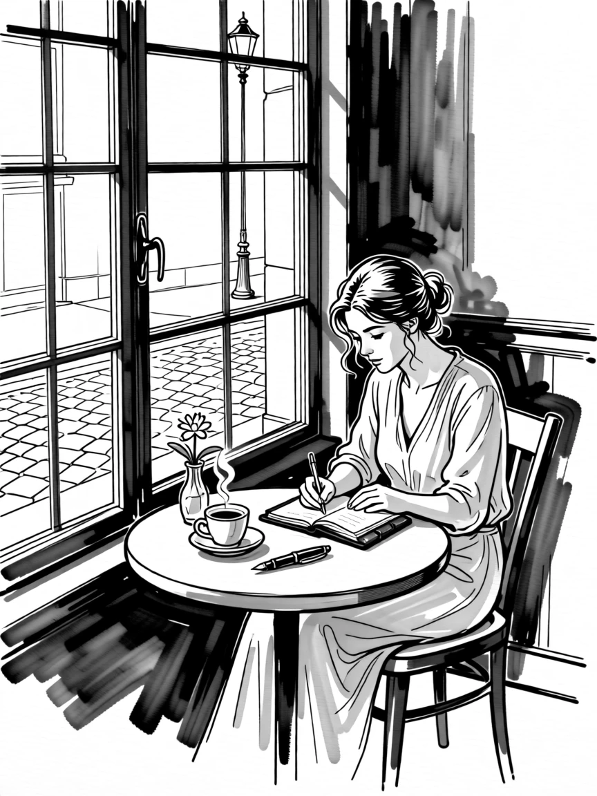 A woman journaling quietly at a café table beside a window.