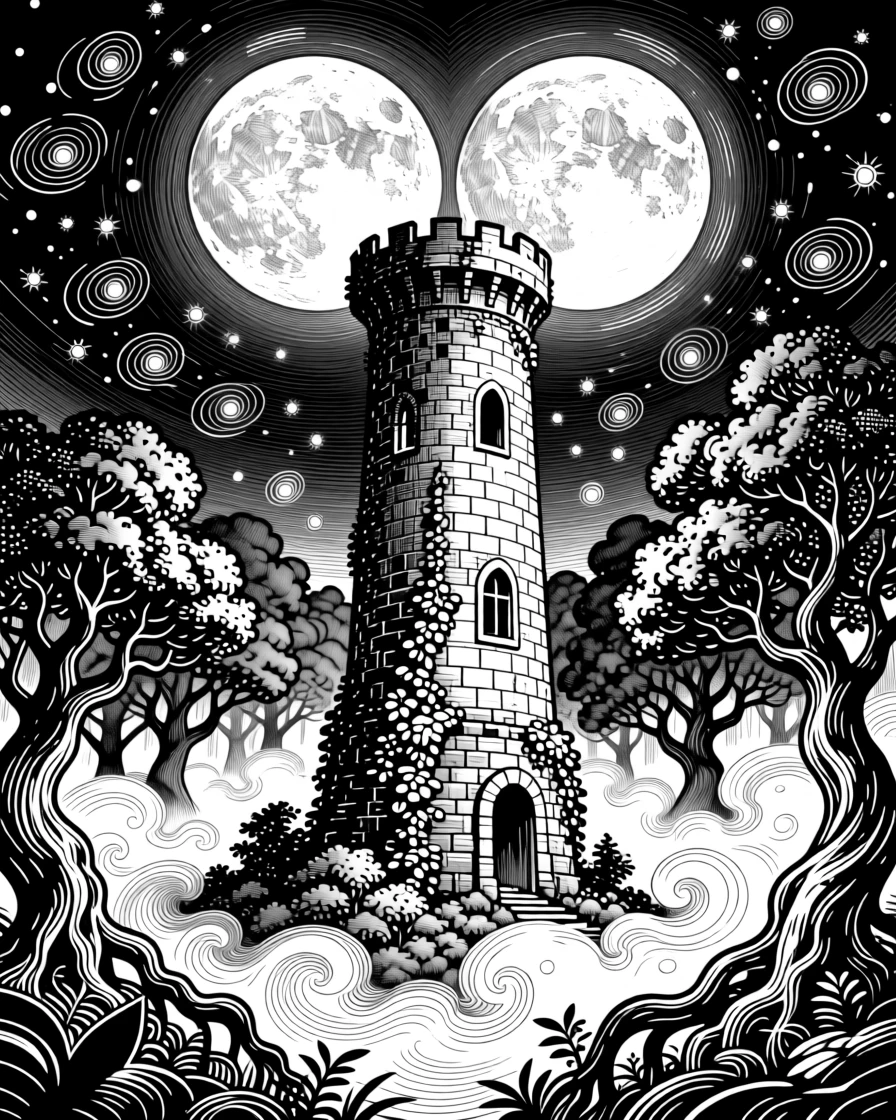 A wizard's tower rising from a misty forest beneath a sky filled with twin moons, with fireflies swirling like tiny lanterns, forming a richly imaginative fantasy scene.