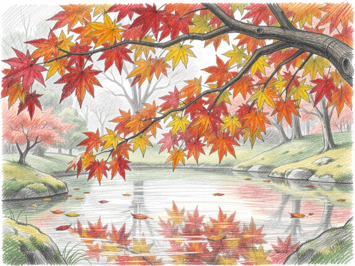A Kyoto autumn garden with fiery maple leaves over a still pond, framed thoughtfully to draw the eye toward the central subject, radiating comfort, joy, and quiet beauty.