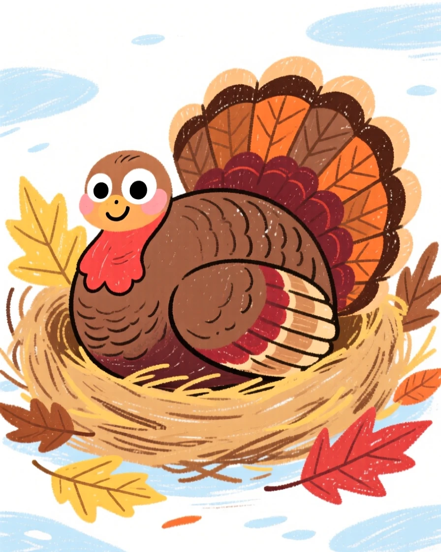 A wild turkey curling up in a nest of dry leaves for winter.