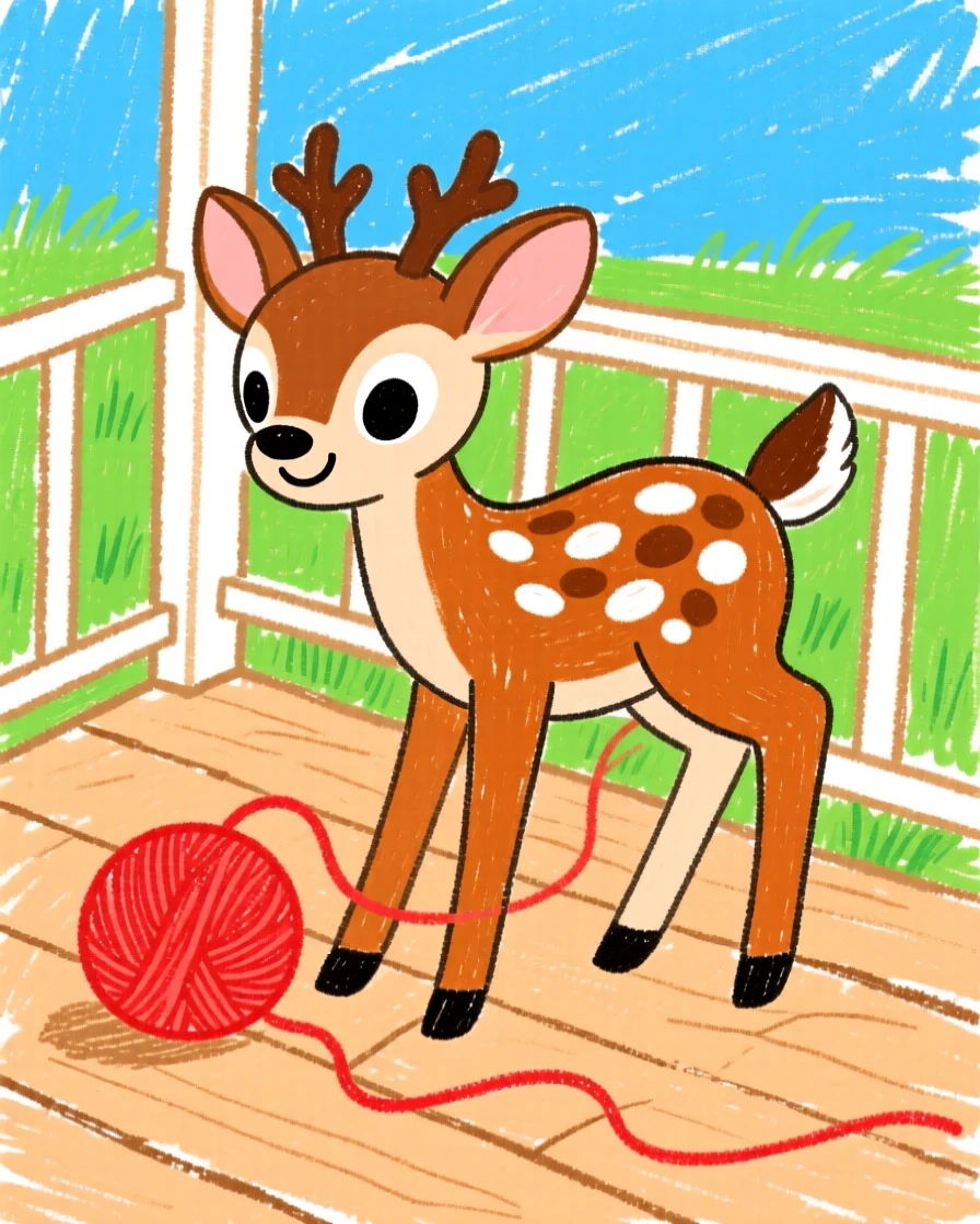 A spotted fawn playing with a ball of yarn on a porch.
