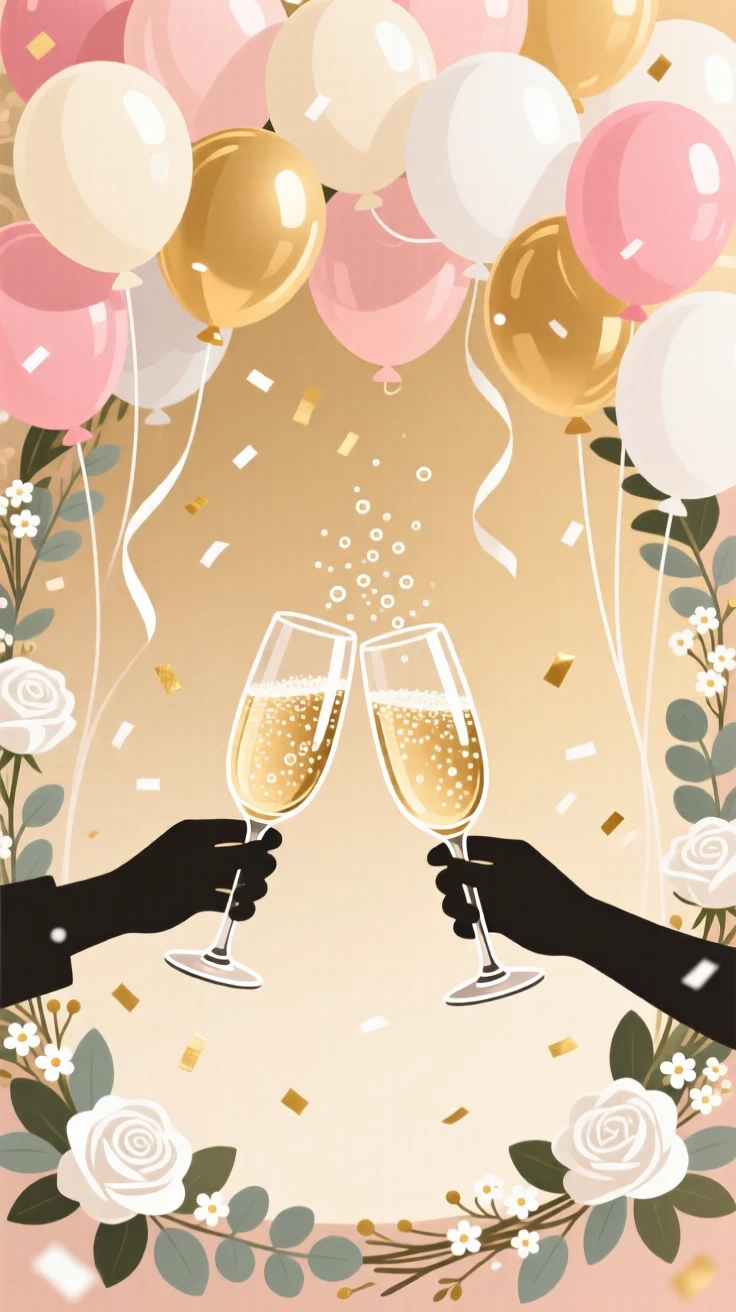 A festive wedding toast with champagne glasses clinking together, set beneath a canopy of festive balloons, framed to capture the festive atmosphere in full detail, with a joyful sense of togetherness and celebration.