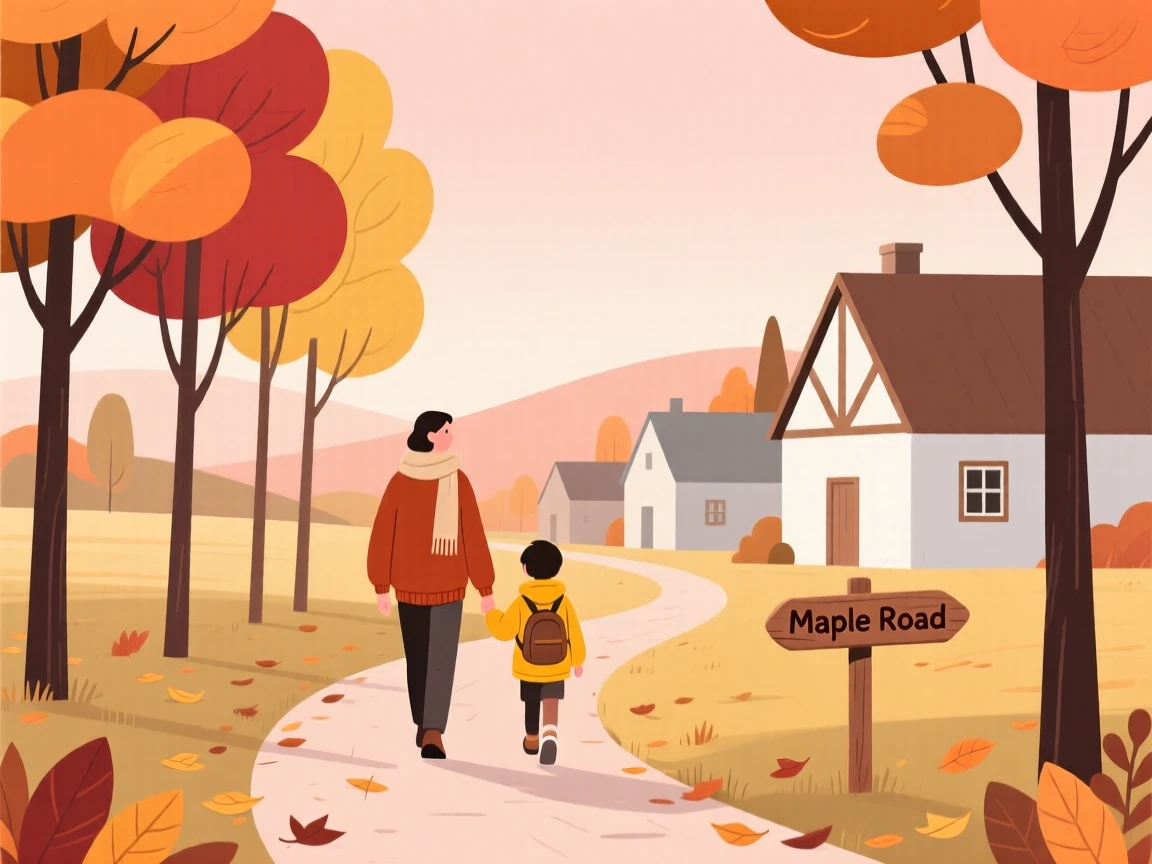 An autumn scene of a quiet morning walk in a small countryside town.
