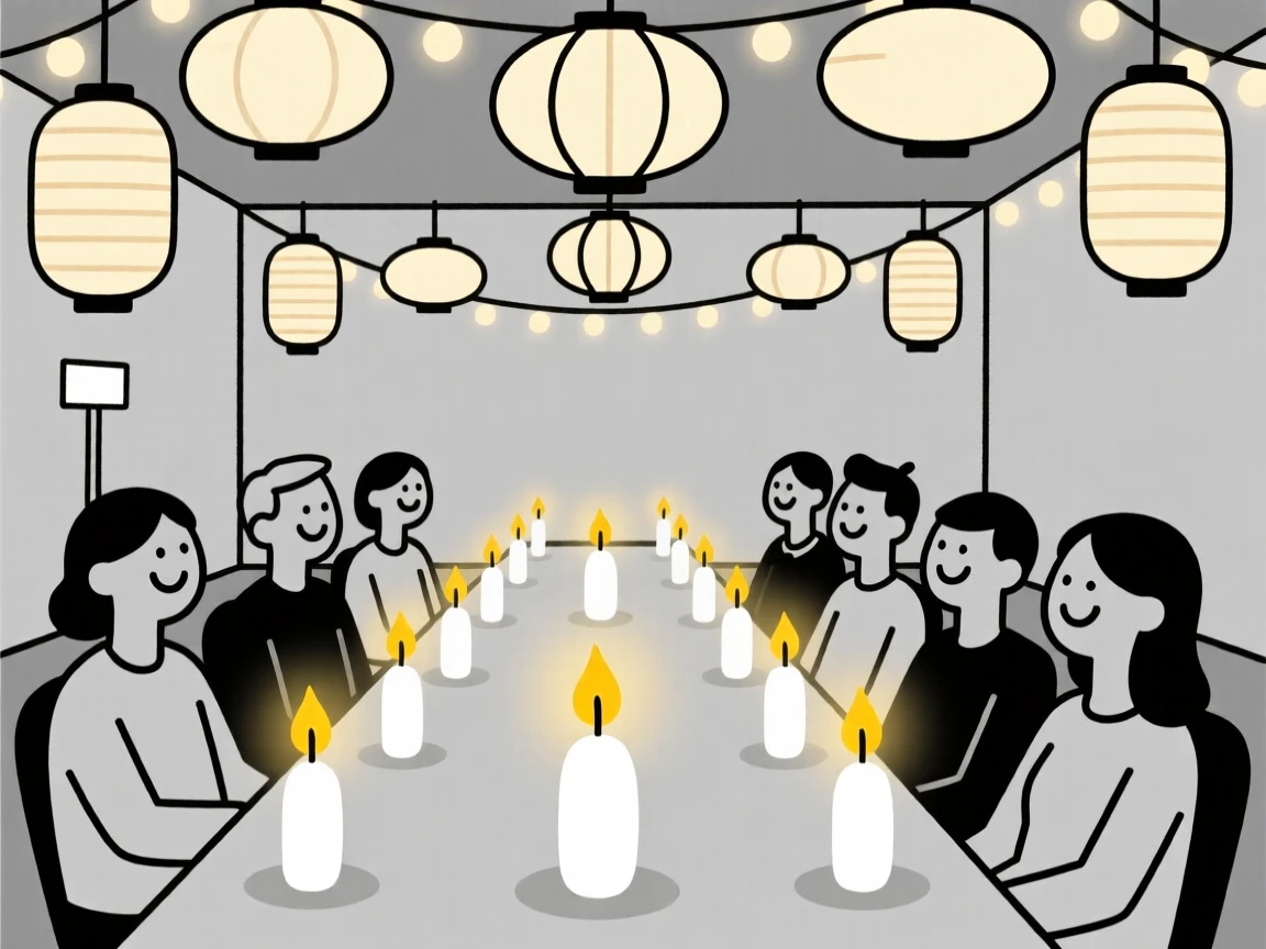 A joyful festival of lights taking place in a decorated banquet hall, decorated with glowing candles, full of festive excitement.