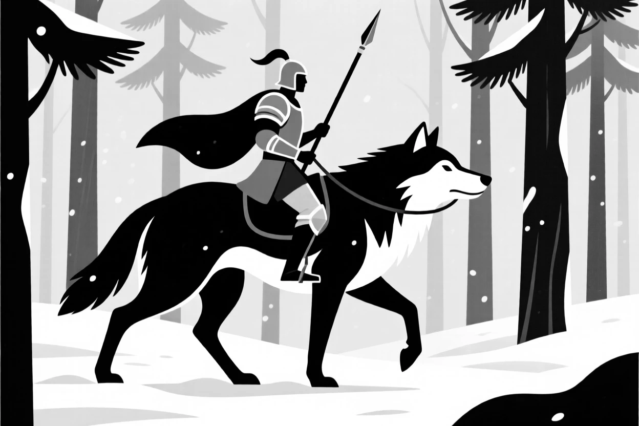 A warrior riding a giant wolf through a snowy forest.