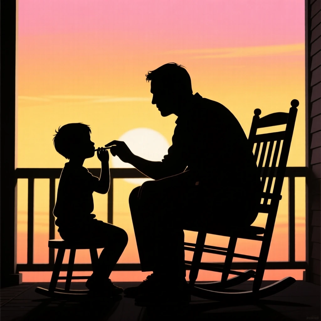 A father teaching his son to whistle on a quiet afternoon porch.