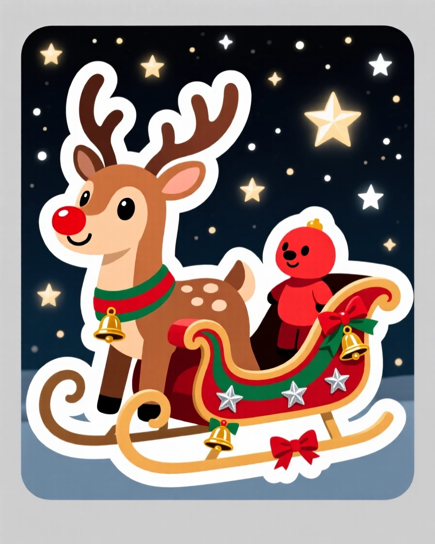 A brightly colored reindeer with a red-nosed friend pulling a sleigh, decorated with ribbons and small ornaments, under a sky full of stars on a special night.
