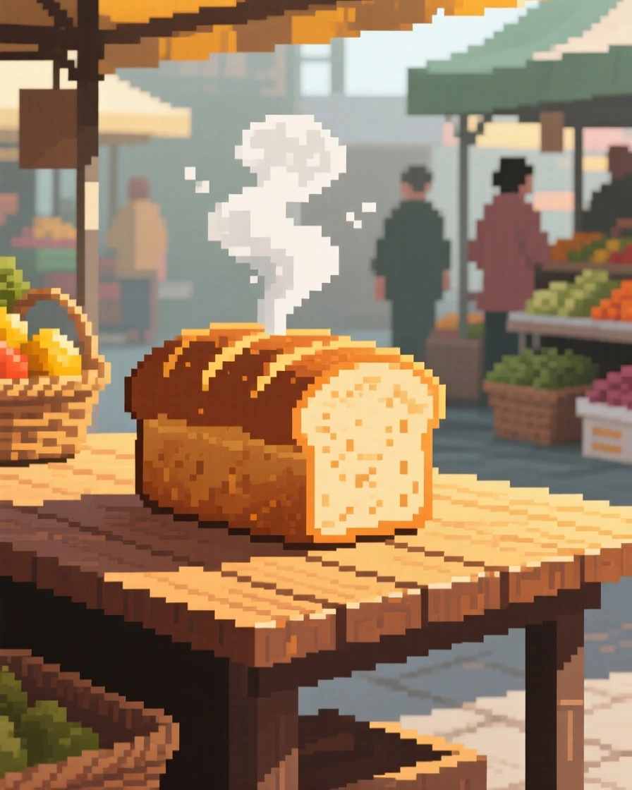 A loaf of crusty bread steaming gently in the morning light, at a market stall on a busy morning.