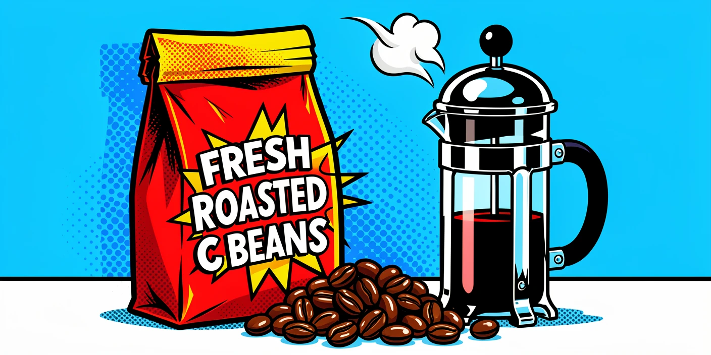 A bag of freshly roasted coffee beans beside a French press