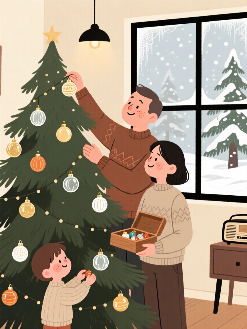 A family decorates a tall pine tree with antique glass baubles while carols plays softly and snow drifts silently outside the window.