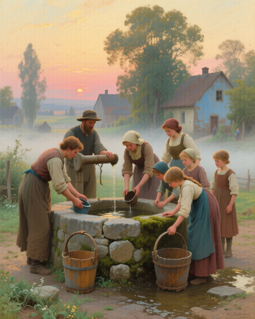 A medium shot of villagers gathered at a well drawing water at first light, at dawn, in the height of summer.