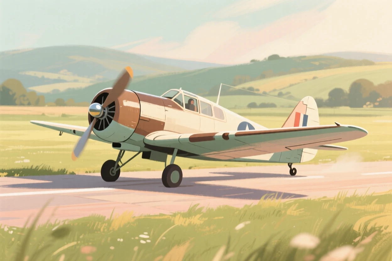 A propeller airplane taxiing across a grassy countryside airstrip