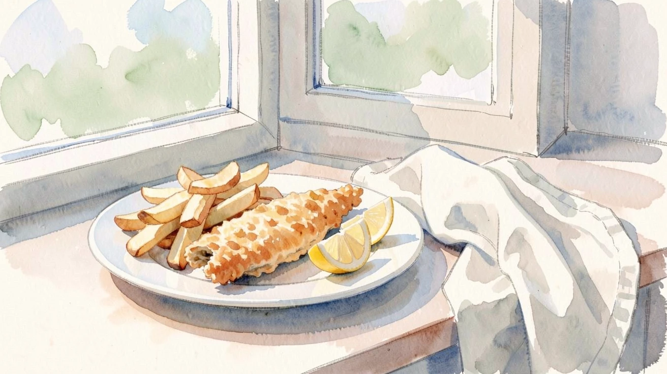 A plate of fish and chips with lemon wedges on a windowsill with morning light beside a folded linen napkin.