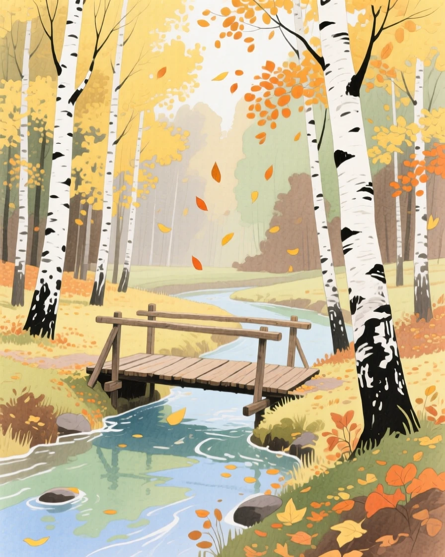 A breathtaking view of a birch forest clearing as autumn leaves fall, with a small wooden bridge crossing a stream