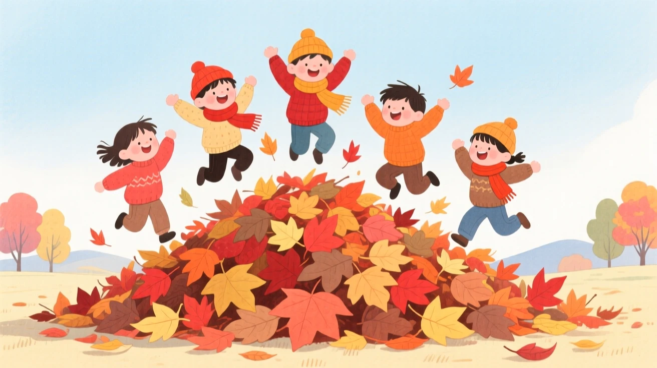 Children jumping into a pile of colorful autumn leaves, filled with seasonal charm.