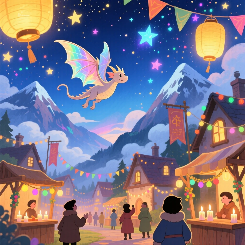 A tiny winged dragon soaring above a village during a starlit festival, in a mystical mountain peak wrapped in clouds, brimming with magical warmth and beauty.