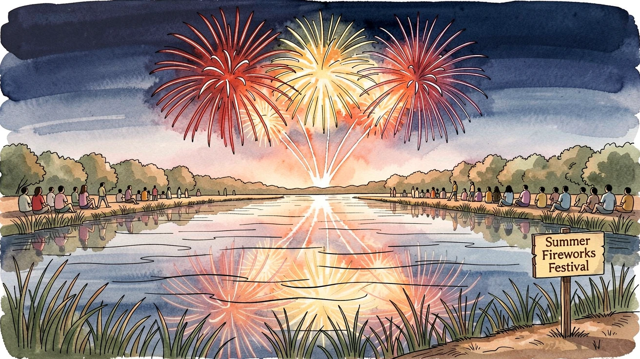 A summer fireworks show reflected in a calm lake, a festive warmth filling the entire scene.