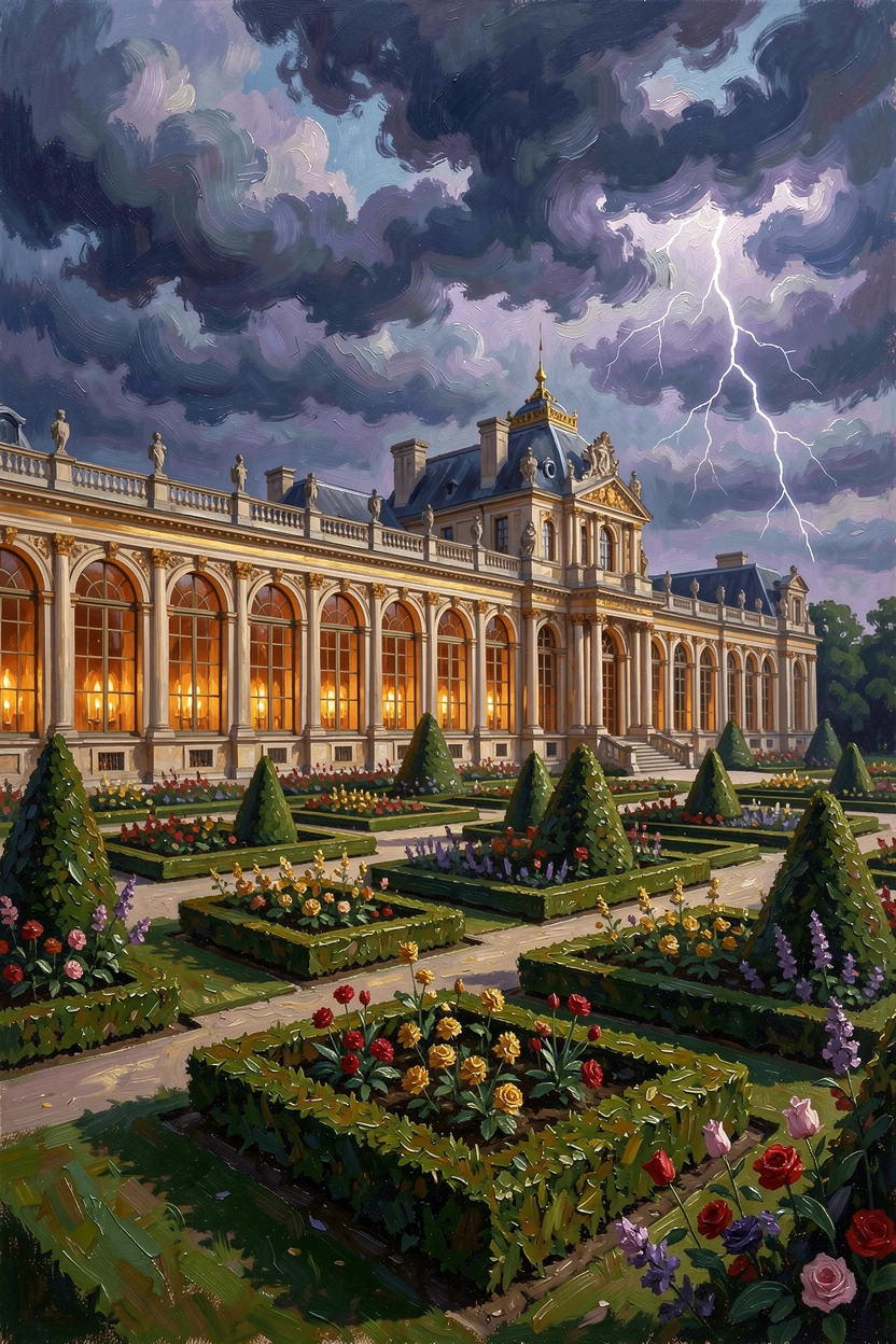 A grand palace with ornate gardens, candlelight flickering in a row of tall arched windows, framed by manicured formal gardens, under a dramatic, stormy sky.