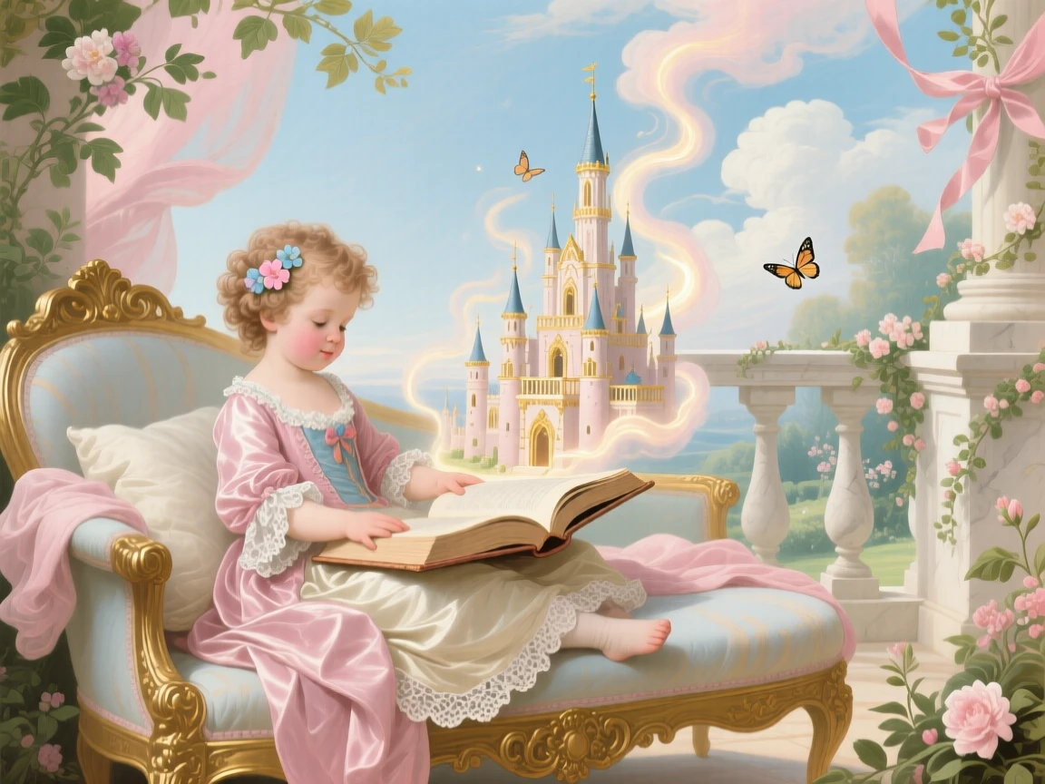 A child representing imagination, opening a book from which tiny castles rise  