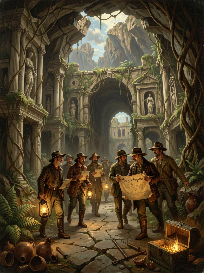 A group of treasure hunters ventures deep into an abandoned city reclaimed by vines deep beneath the earth's surface.