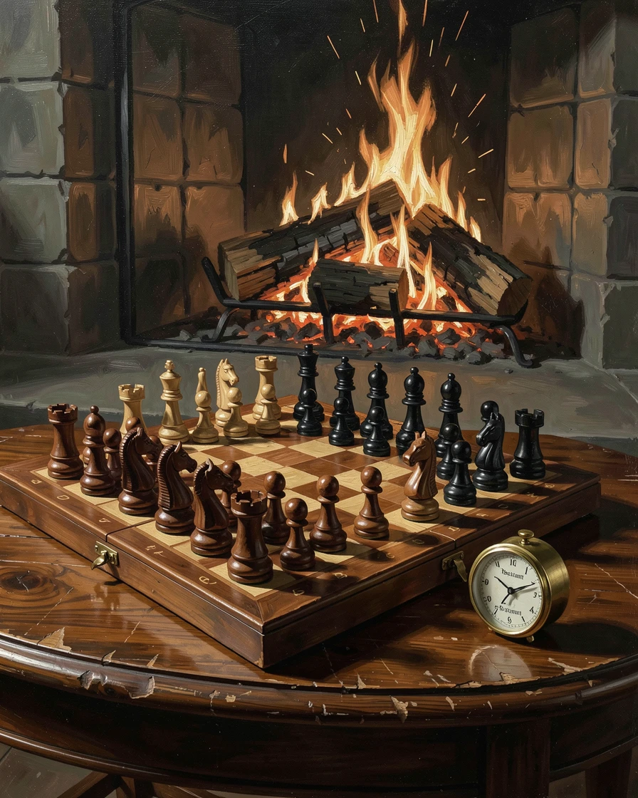 A leather-bound chess set mid-game beside a crackling fireplace, as delicate shadows fall across the surrounding surface, offering a classic, gallery-worthy still life composition