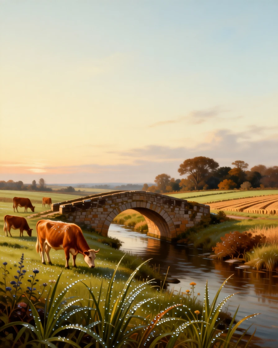 A peaceful countryside with grazing cattle beside a rustic stone bridge alive with the quiet motion of wind and water, set at the edge where cultivated land meets wild nature, with dew still clinging to blades of grass in the early light; a low horizon line gives dramatic weight to an expansive sky, filled with calm, restorative beauty.